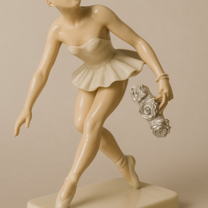 Porcelain Ballerina Figurine – Elegantly Poised with Silver Bouquet